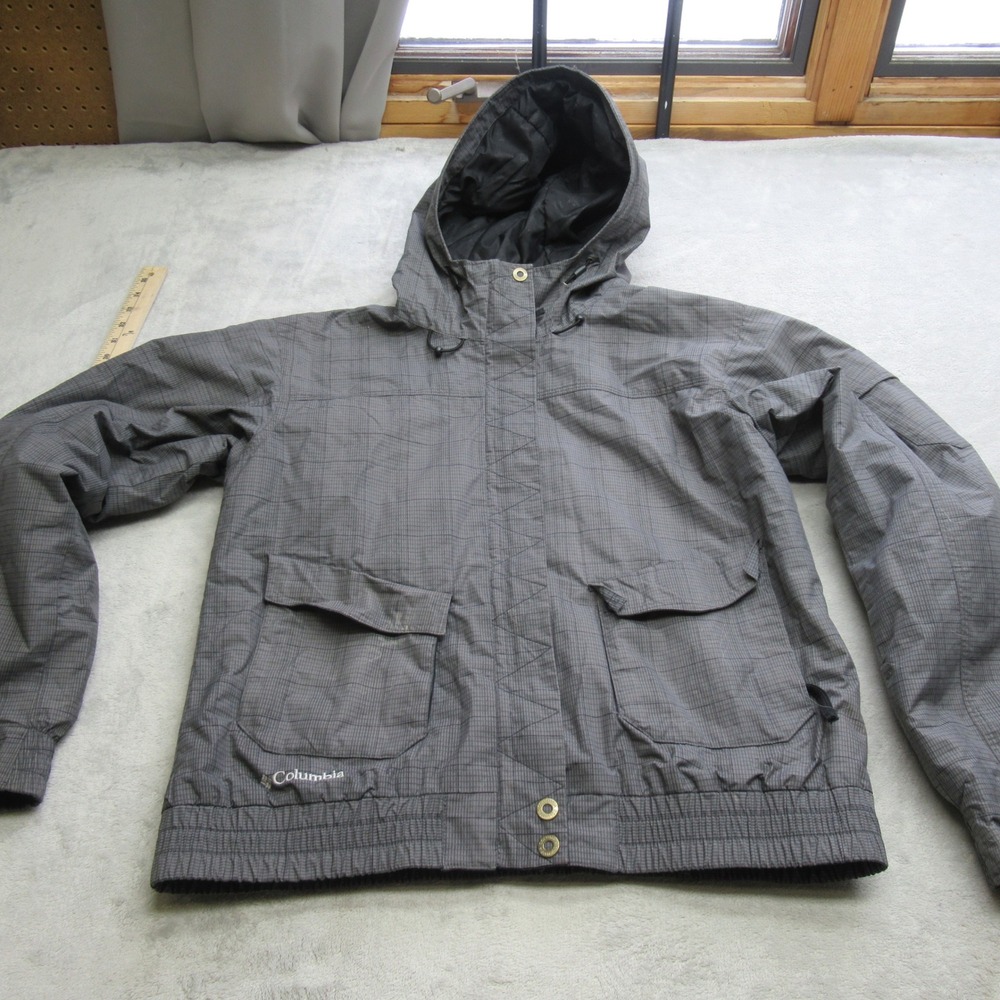 Columbia Jacket Womens Medium‎ Gray Check Insulated Hooded Waterproof Full Zip
